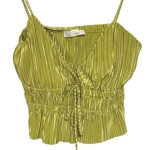 Endless Blu Lime Green Pleated Cami Crop Med Top VTG Coquette Festival Boho